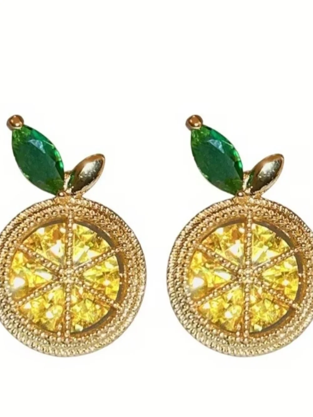 Gold-tone Lemon Citrus Slice Stud Earrings with Green Crystal Leaves